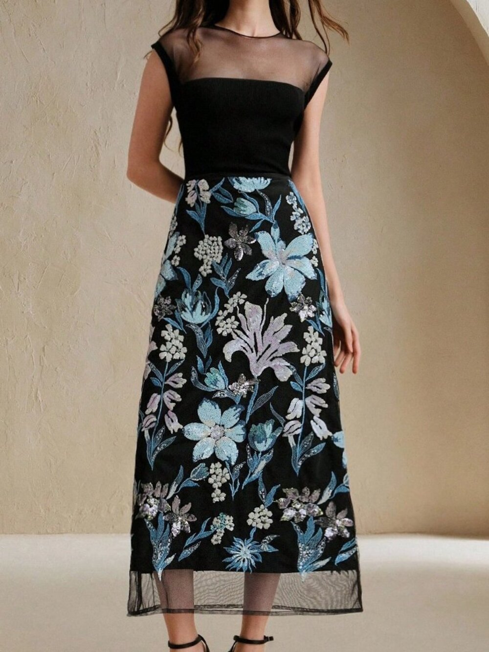 Black Elegant Women's Beaded Floral Embroidered Midi Skirt